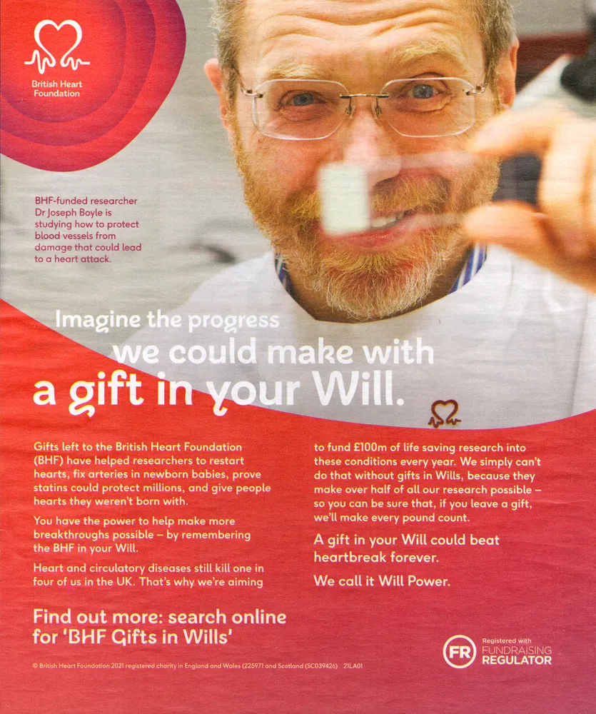 British Heart Foundation advert, Daily Express, 12 June 2021