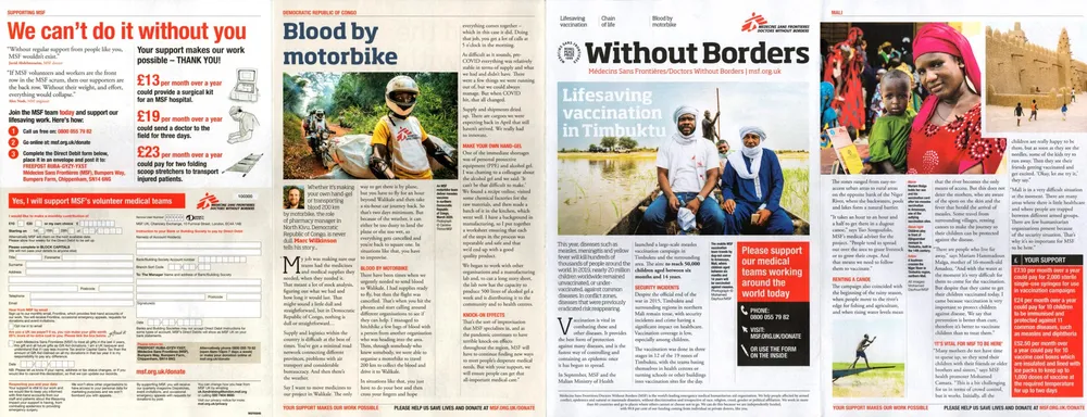 Doctors Without Borders advert, The Observer, 14 March 2021, page 1 of 2