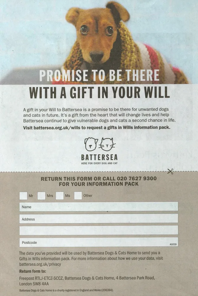 Battersea advert, Sunday Telegraph, 28 March 2021