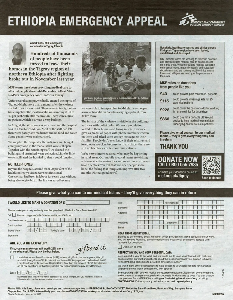 Doctors Without Borders advert, The Guardian, 3 April 2021