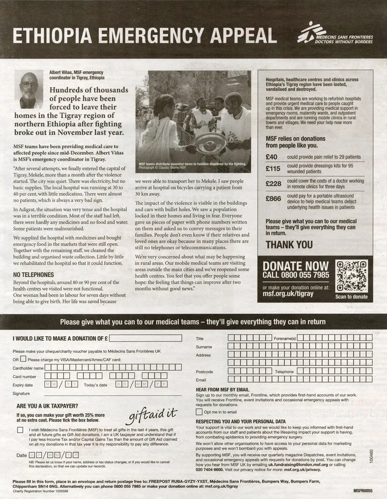 Doctors Without Borders advert, The Guardian, 10 April 2021