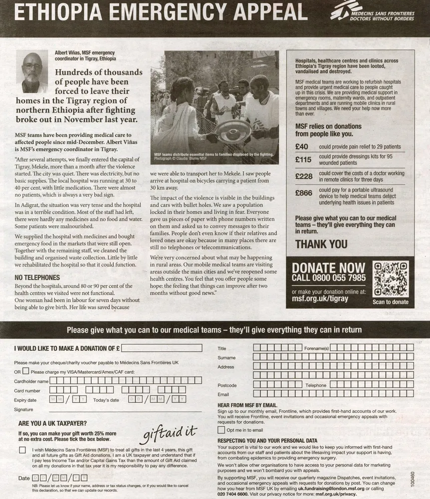 Doctors Without Borders advert, The Guardian, 11 April 2021