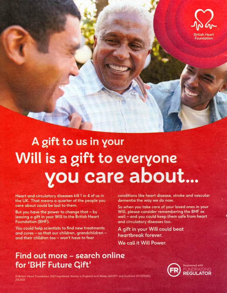British Heart Foundation advert, Sunday Telegraph, 18 April 2021