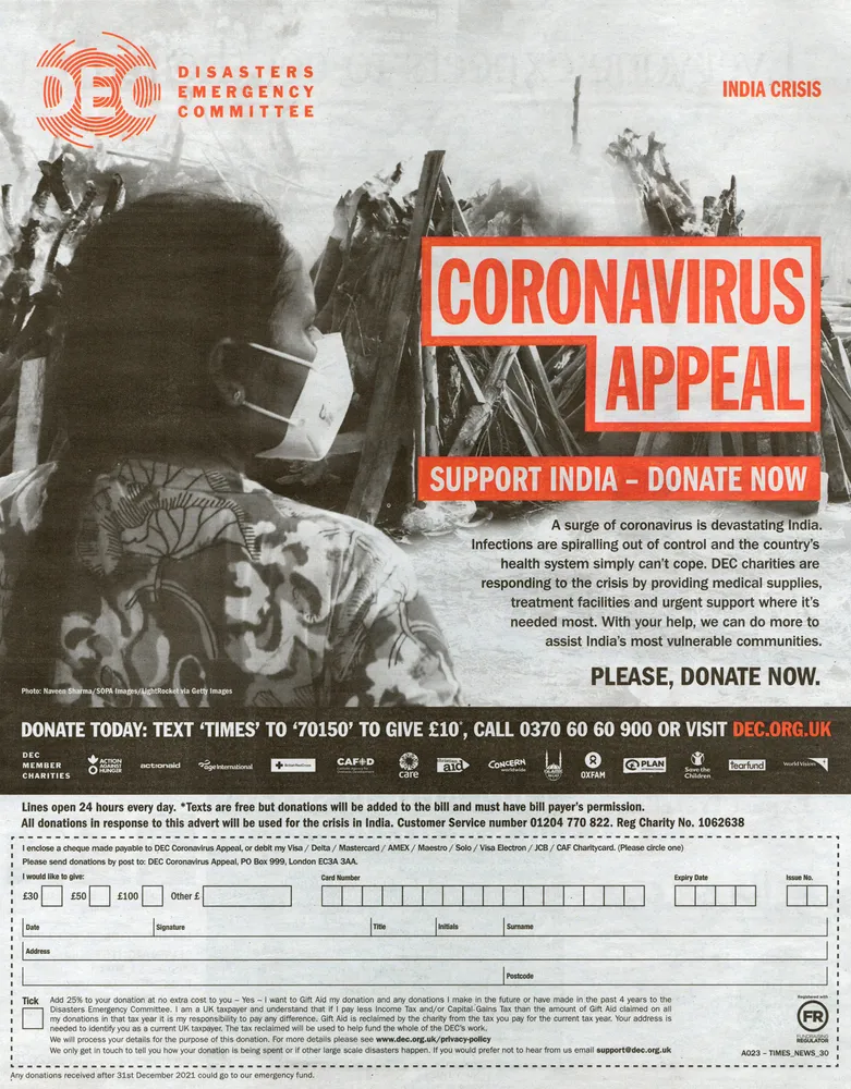 Disaster Emergencies Committee advert, The Times, 1 May 2021