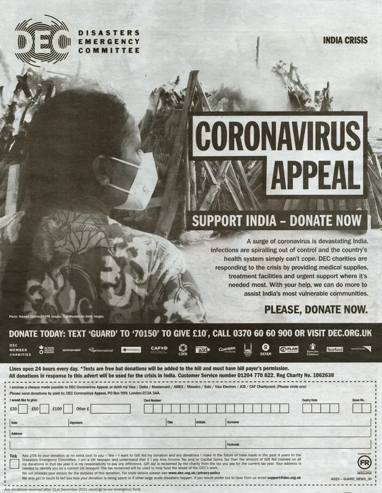 Disaster Emergencies Committee advert, The Observer, 2 May 2021