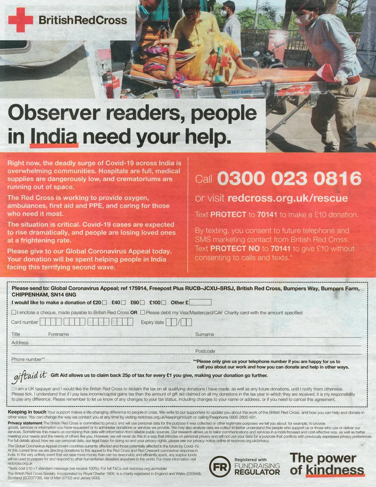 British Red Cross advert, The Observer, 2 May 2021