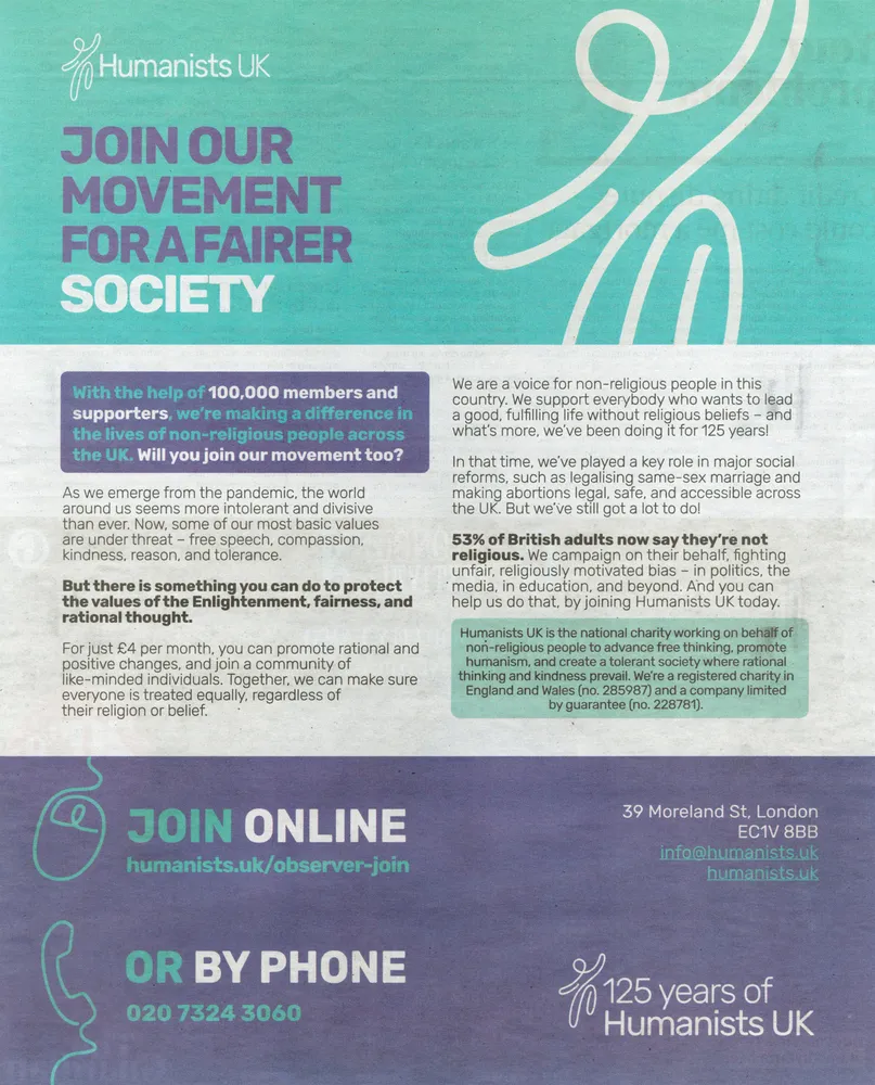 Humanists UK advert, The Observer, 2 May 2021