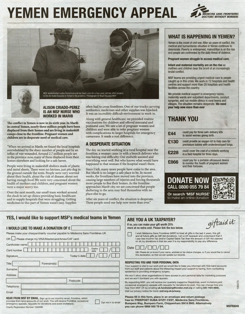 Doctors Without Borders advert, The Guardian, 8 May 2021