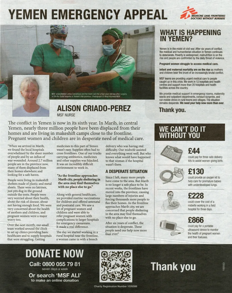 Doctors Without Borders advert, The Times, 8 May 2021