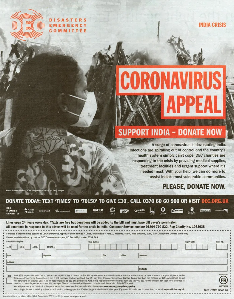 Disaster Emergencies Committee advert, The Times, 8 May 2021