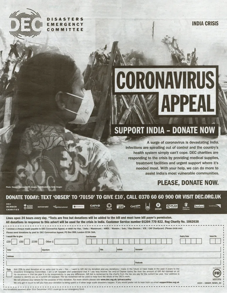 Disaster Emergencies Committee advert, The Observer, 9 May 2021