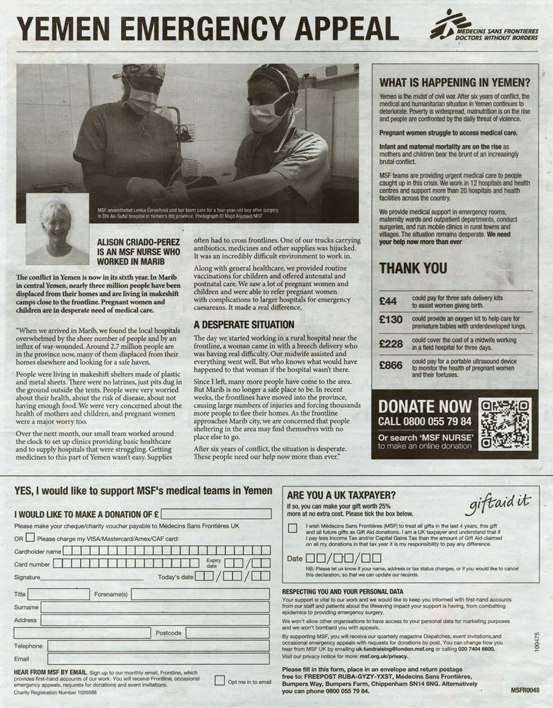 Doctors Without Borders advert, The Observer, 9 May 2021