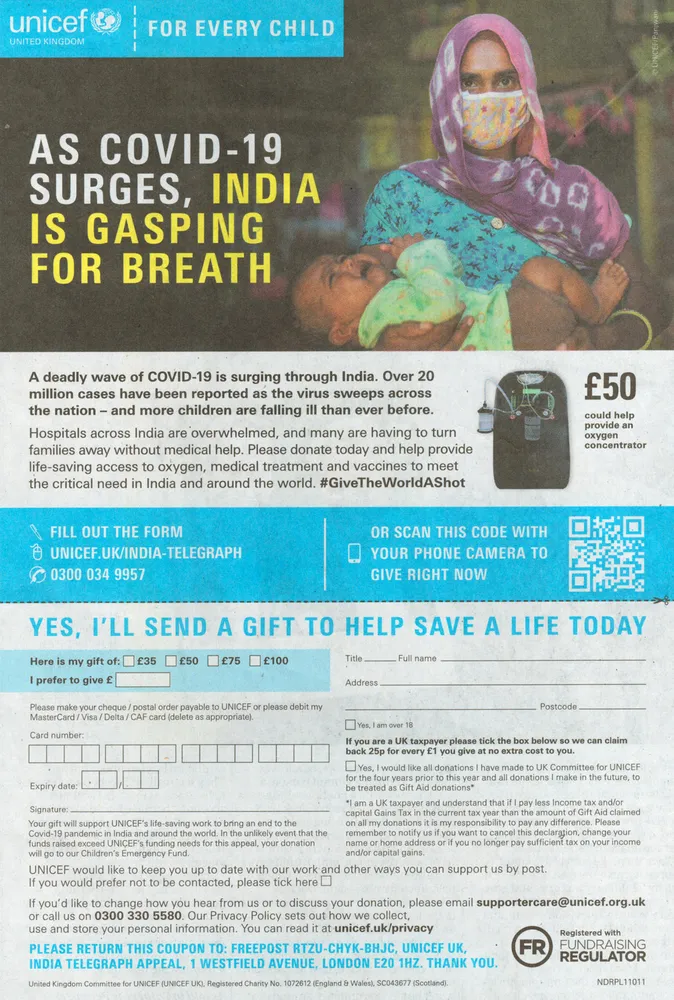 UNICEF advert, Sunday Telegraph, 9 May 2021