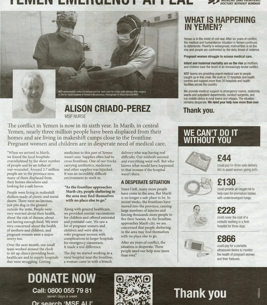 Doctors Without Borders advert, The Guardian, 15 May 2021