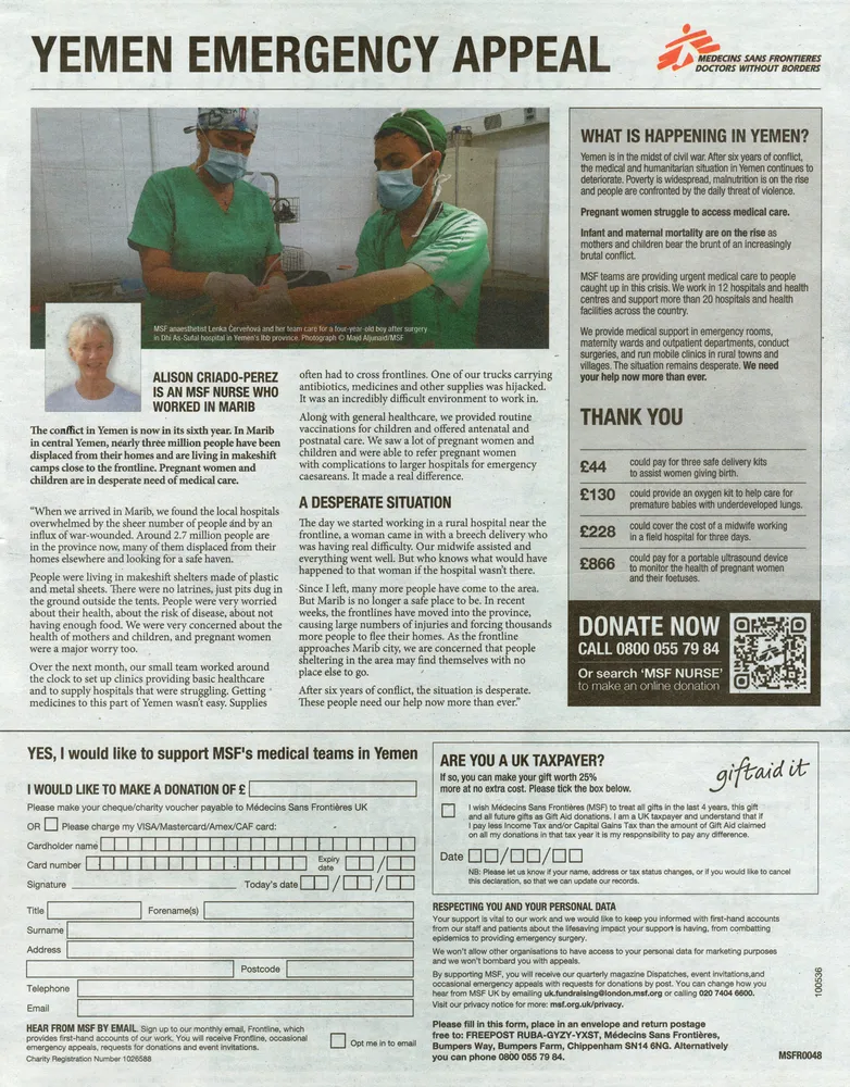 Doctors Without Borders advert, The Times, 15 May 2021