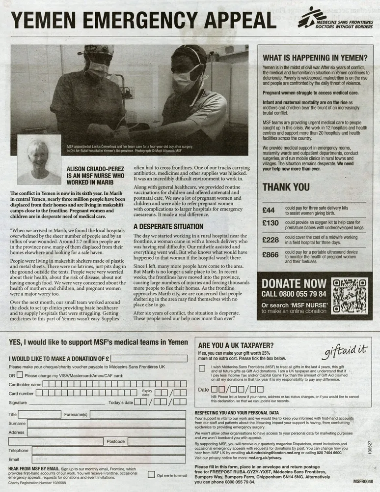 Doctors Without Borders advert, The Guardian, 22 May 2021