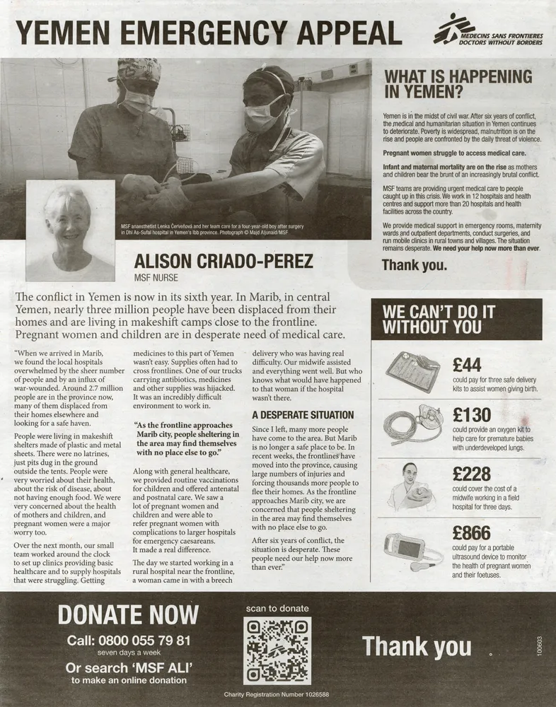 Doctors Without Borders advert, The Observer, 13 June 2021