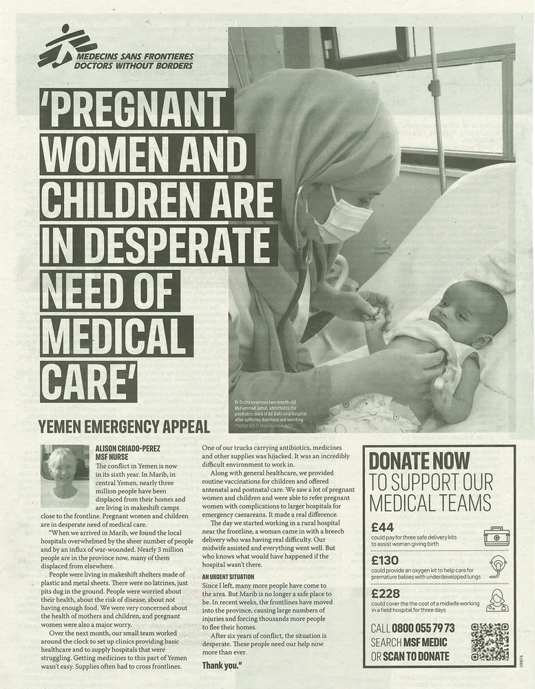 Doctors Without Borders advert, The Observer, 20 June 2021