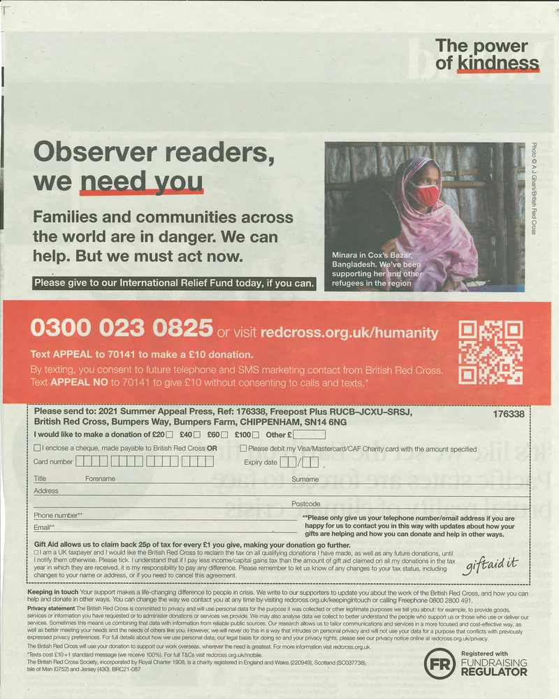 British Red Cross advert, The Observer, 4 July 2021, page 1 of 2