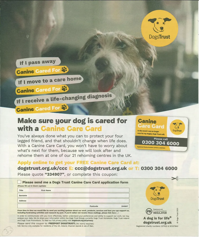 Dogs Trust advert, Daily Express, 7 August 2021