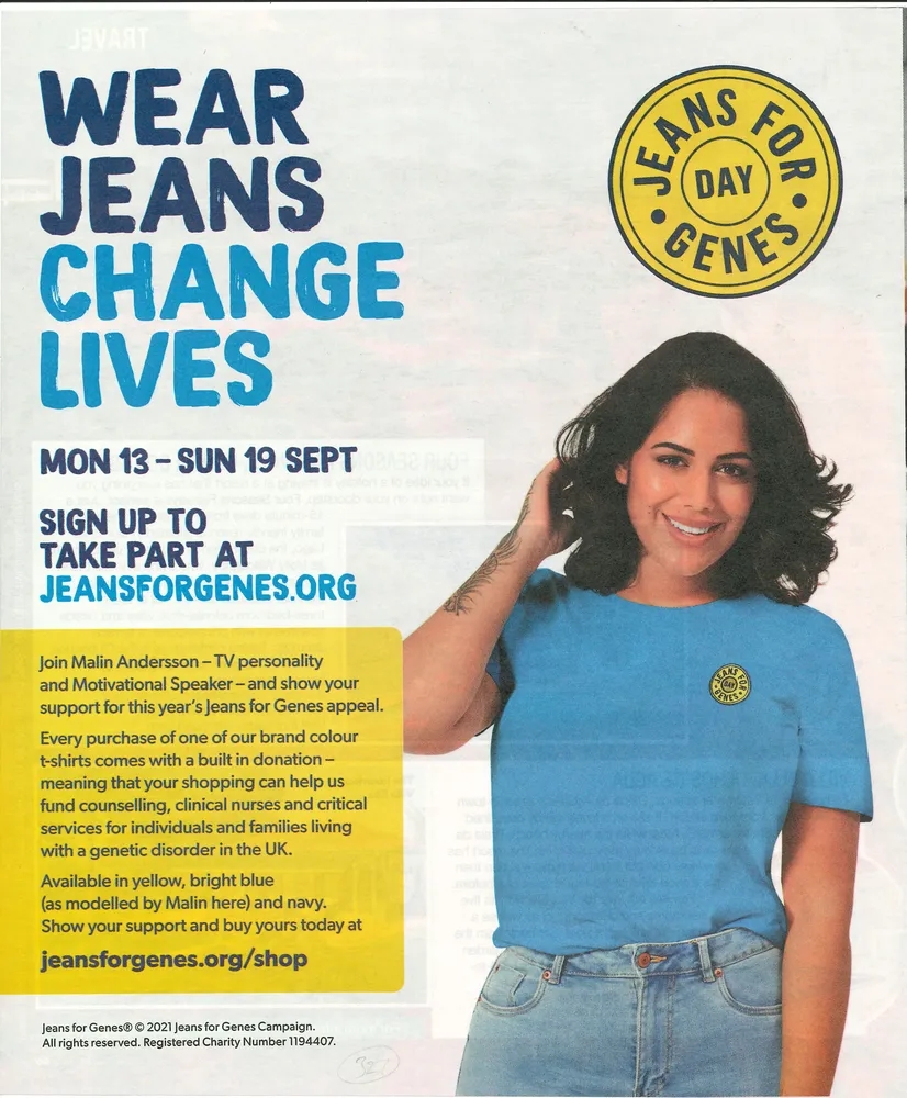 Jeans for Genes advert, Daily Express, 14 August 2021