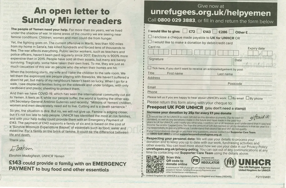 UNHCR advert, Sunday Mirror, 15 August 2021