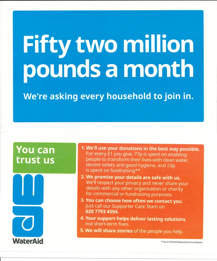 WaterAid advert, Sunday Telegraph, 15 August 2021, page 1 of 3