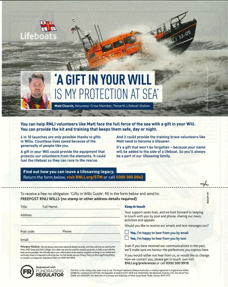 RNLI advert, Sunday Telegraph, 15 August 2021