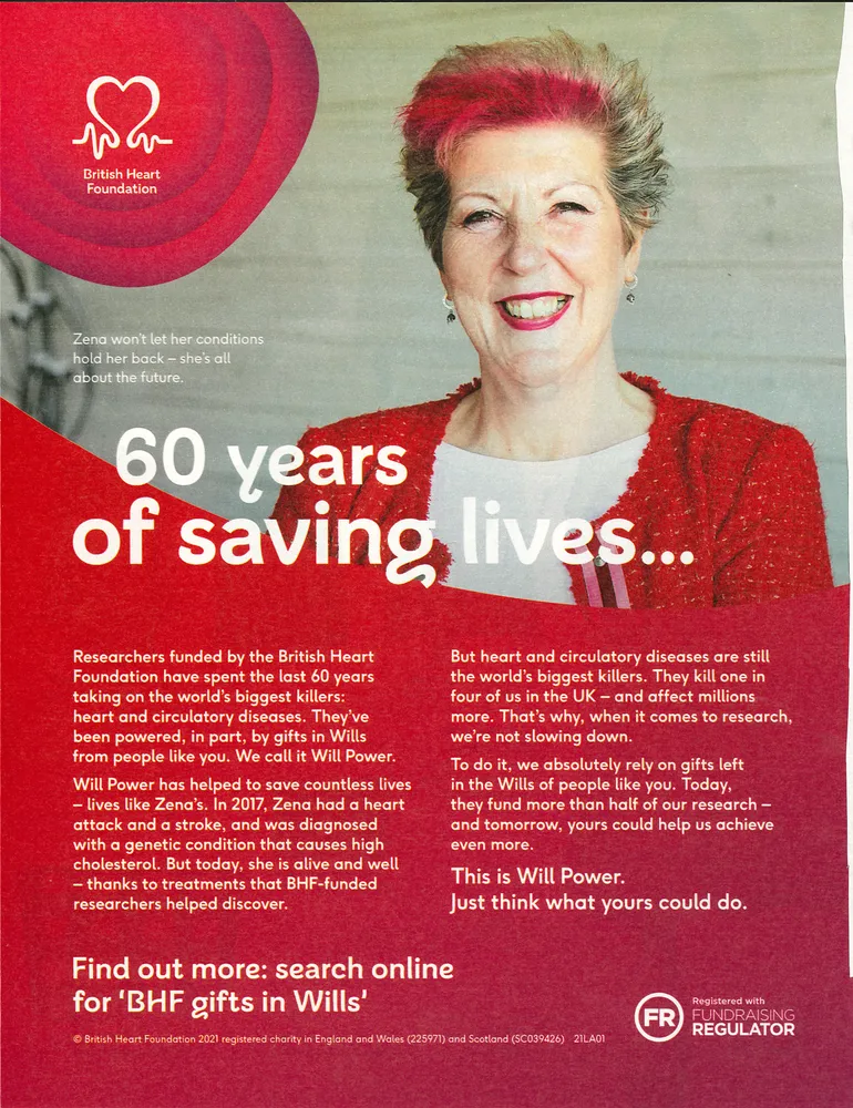 British Heart Foundation advert, Sunday Telegraph, 22 August 2021