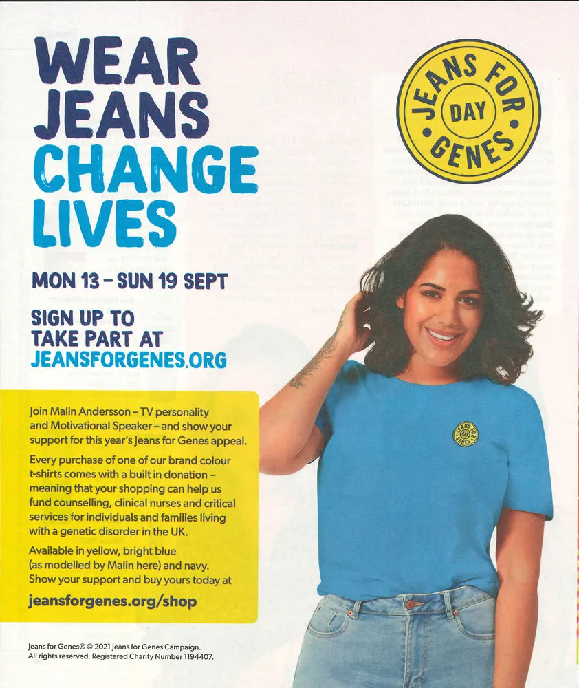 Jeans for Genes advert, Mirror, 28 August 2021