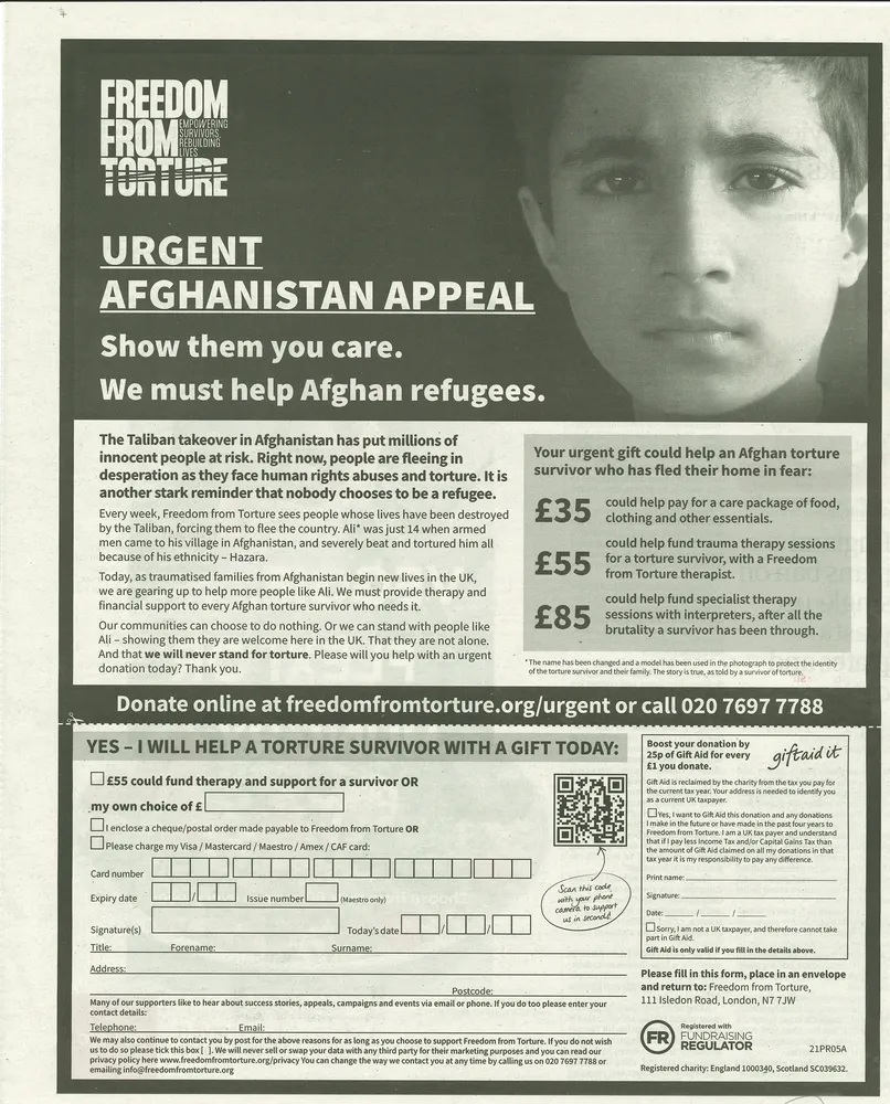 Freedom from Torture advert, The Guardian, 28 August 2021
