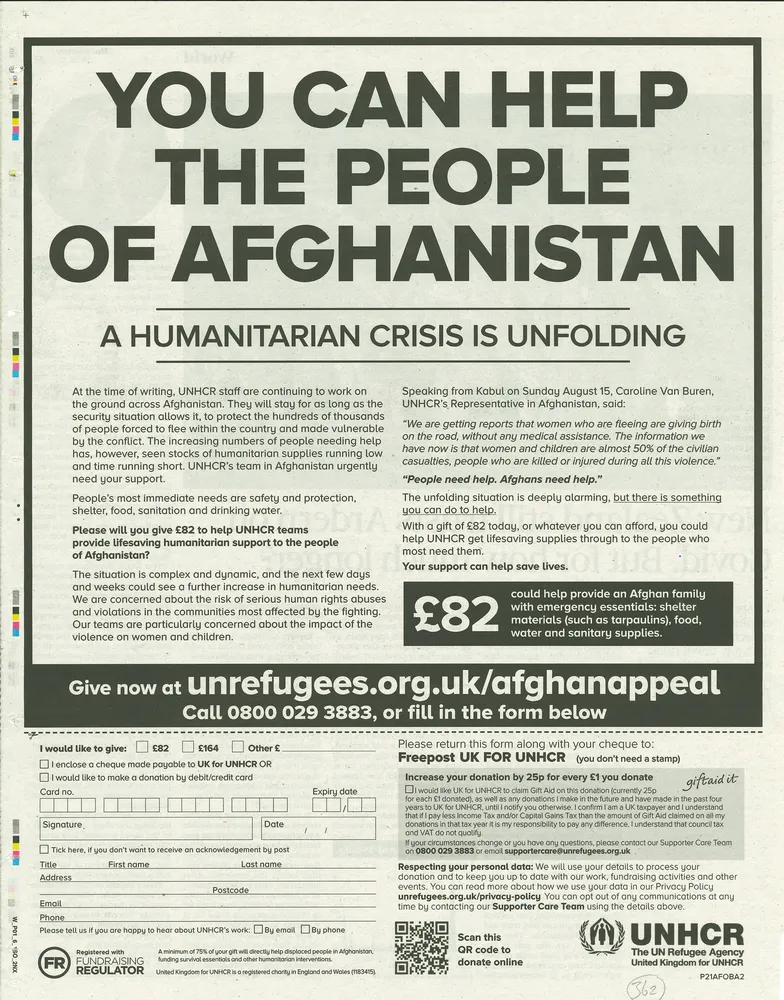 UNHCR advert, The Observer, 29 August 2021