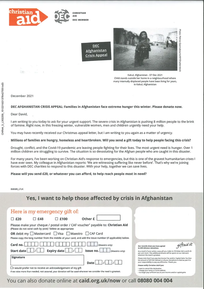 Christian Aid mailout, 18 December 2021, page 1 of 6