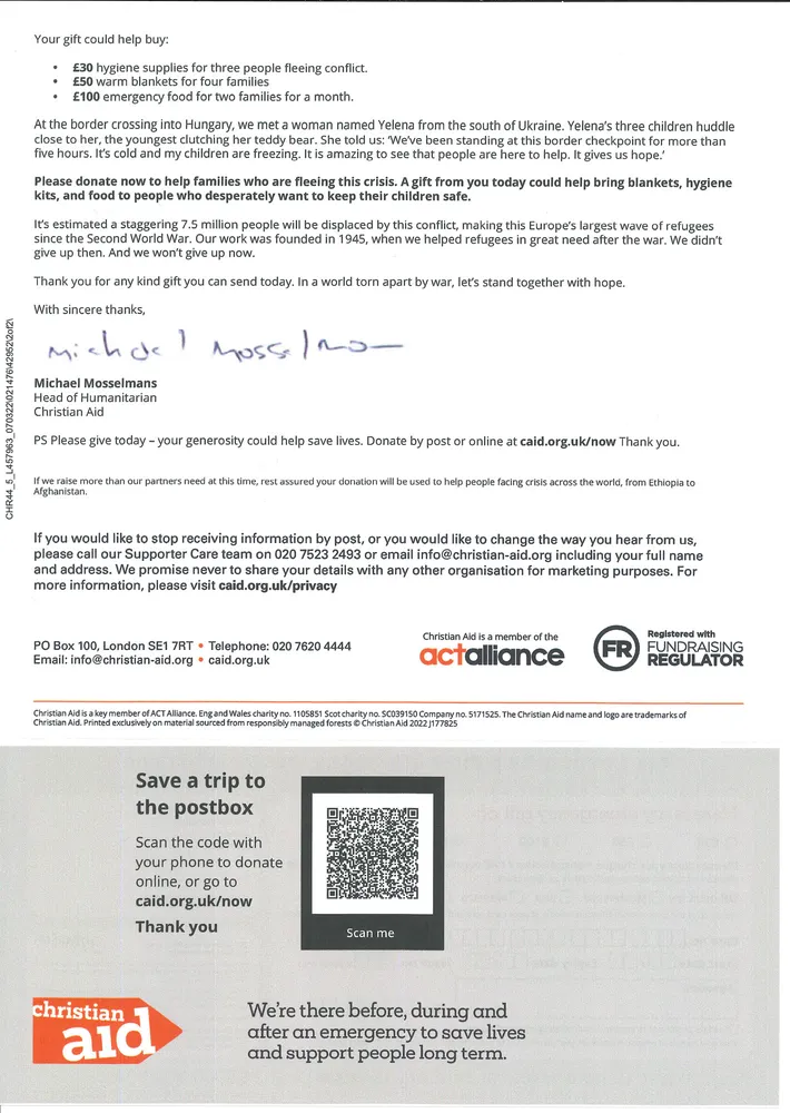 Christian Aid mailout, 10 March 2022